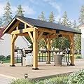 AMERLIFE 10 X 9 Ft Wood Gazebo, Hardtop Grill Gazebo with Metal Steel Roof, Outdoor Pavilion with 2 Bar Counters for Garden,Porch,Patio, Gray+Brown