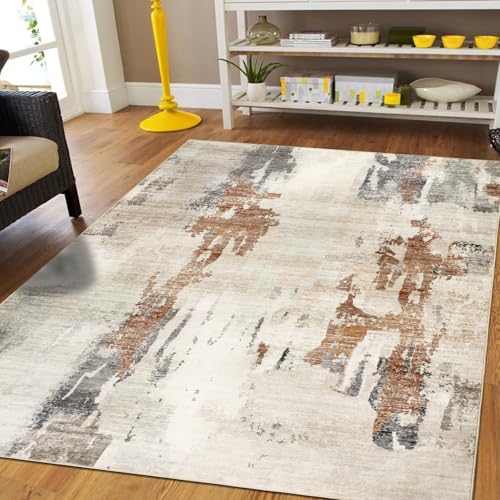 Capslpad Modern Abstract Area Rug 120x180cm Washable Living Room Rug Non-slip Soft Carpet Short Pile Faux Wool Boho Art Floor Carpet for Living Room Bedroom Home Office Dining Room Decor,Beige&Brown