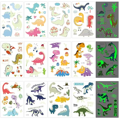 15 hojas de pegatinas de tatuajes de dinosaurios que brillan en la oscuridad, se pueden utilizar para regalos de cumpleaños, fiestas temáticas, juguetes para niños