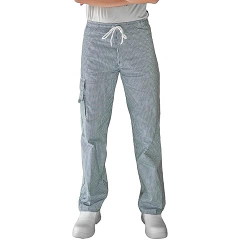 Carbonn - Pantalón de cocina elástico de ajedrez, azul/blanco, medium Cover