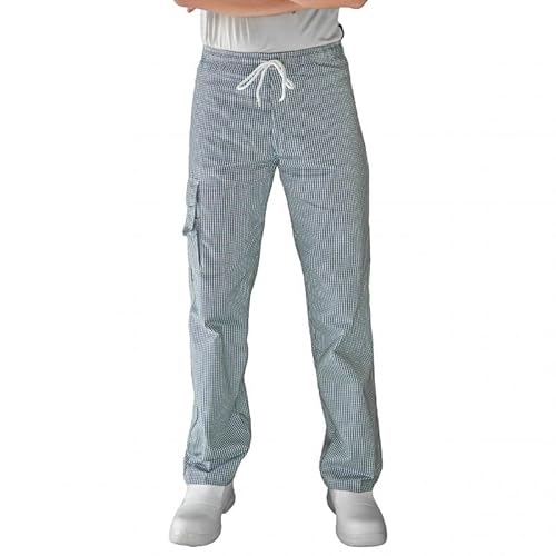 Carbonn - Pantalón de cocina elástico de ajedrez, azul/blanco, L Cover