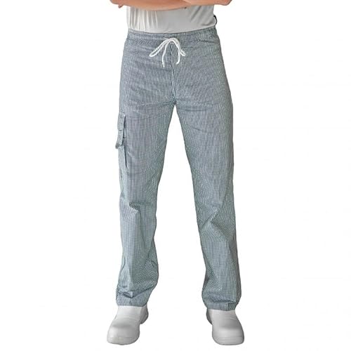 Carbonn - Pantaloni da cucina elastici scacchiera, blu / bianco, L