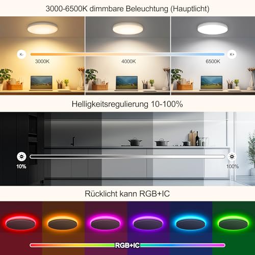 LED Deckenlampe 48W - Deckenlampe Dimmbar & RGBIC Nachtlicht - Smart Deckenleuchte mit Fernbedienung - Alexa/Google kompatibel, 4500lm, für Wohnzimmer, Schlafzimmer, Küche (48W-37CM) – Bild 3