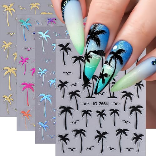 Summer Coconut Tree Nail Art Stickers Palm Tree Nail Decals 3D Self-Adhesive 4Pcs Laser Gold Silver Black Rainbow Tropical Style Nails Design Summer Theme Nail Art Supplies for Women Nail Decoration