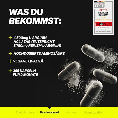 natural elements L-Arginin – 365 Kapseln – Hochdosiert: 4.500mg veganes L-Arginin HCL pro Tagesdosis (3.750mg reines L-Arginin) – hochdosiert – in Deutschland hergestellt & laborgeprüft