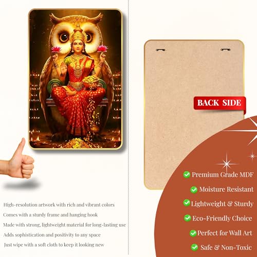 Image of Arkasto Lakshmi Mata with Owl Vahan Wall Poster | Goddess of Wealth & Prosperity | Golden Spiritual Wall Art for Home & Office Temple (Style-02, 12x18 inch)