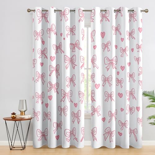 Bow Curtains Bedroom, 66x72 - Pink Heart Girly Blackout Curtains & Decor, Living Room, Eyelet Patterned Window Drapes, 72 Inch Drop 2 Panels (JZE62) - Image 2