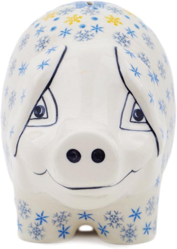 Polmedia Polish Pottery Piggy Bank - Snow is Falling Pattern Handmade in Boleslawiec Poland by Ceramika Artystyczna + Certificate of Authenticity