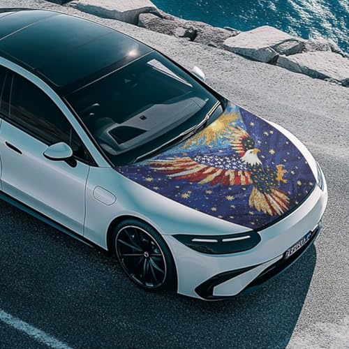 Image of USA Flag Eagle Front Hood Covers for Cars Starry Sky Car Hood Cover Patriotic Car Hood Cover Wrap Auto Decor Adjustable Automotive Hood Covers for Cars Sedan Accessory, 4th of July