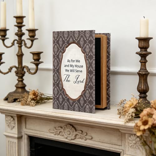 As for Me and My House Wooden Book Box - Inspirational Bible Verse Printed on Fabric Cover, Hollow Book Storage for Christian Home Decor, Wedding & Housewarming Gift, Mantel or Shelf Keepsake Box