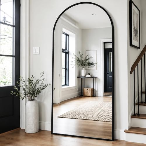 ZMYCZ Floor Length Mirror, 90"x46" Arch Full Length Mirrors Full Length Hanging or Leaning with Stand, Wall Mounted Mirrors, Arched-Top Body Mirror with Aluminum Frame for Bedroom(Black)