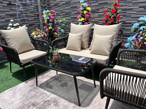 Image of LOCCUS 4-Piece Outdoor Rope Patio Furniture Set - All-Weather Waterproof Conversation Set with Cushions, Modern Woven Bistro Set for Balcony, Lawn, Garden, or Terrace (Brown & Beige)