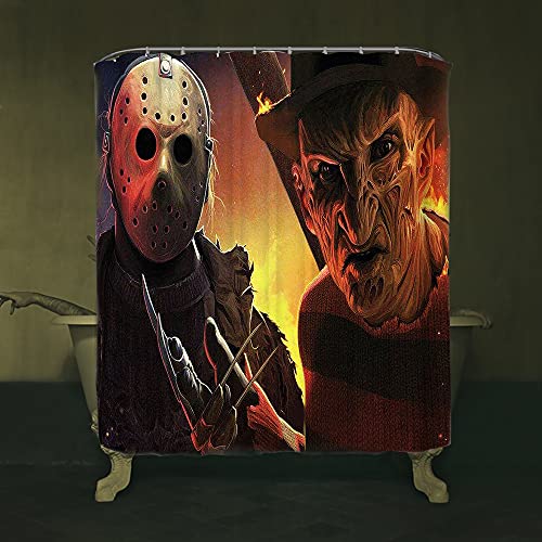 Halloween Shower Curtain Set For Bathroom- Scary Killer Freddy Jason, Horror Movie Themed Holiday Polyester Fabric Decoration With Hooks And Toilet Sticker, Include 2 Postcards, Party Decor Gift 72X72 #TOP1
