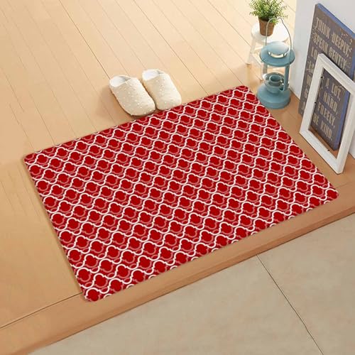 Geometric Red Kitchen Bath Door Mat Cushioned Runner Rug,Washable Welcome Floor Sink Antifatigue Mat,Waterproof & Non-Slip Comfort Standing Doormat,Modern Abstract White Moroccan Plaid 18
