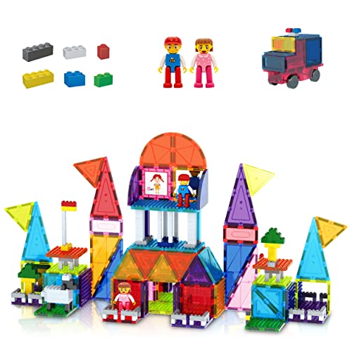 PicassoTiles 333pcs Magnetic Brick Tile and Magnetic Tile Combo Set, Action Figures included, Building Blocks STEM Toys, Educational Montessori Preschool Toddler classroom learning toys, Kids activity