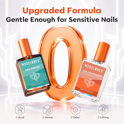 Image of Modelones Nail Dehydrator and Primer Set 15ml 2 Pcs HEMA Free Prep Kit | Acid Free Strong Adhesion Bonder Base Coat for Gel Polish Acrylic X Nail Gel Press On No Lift Long Lasting Home Manicure
