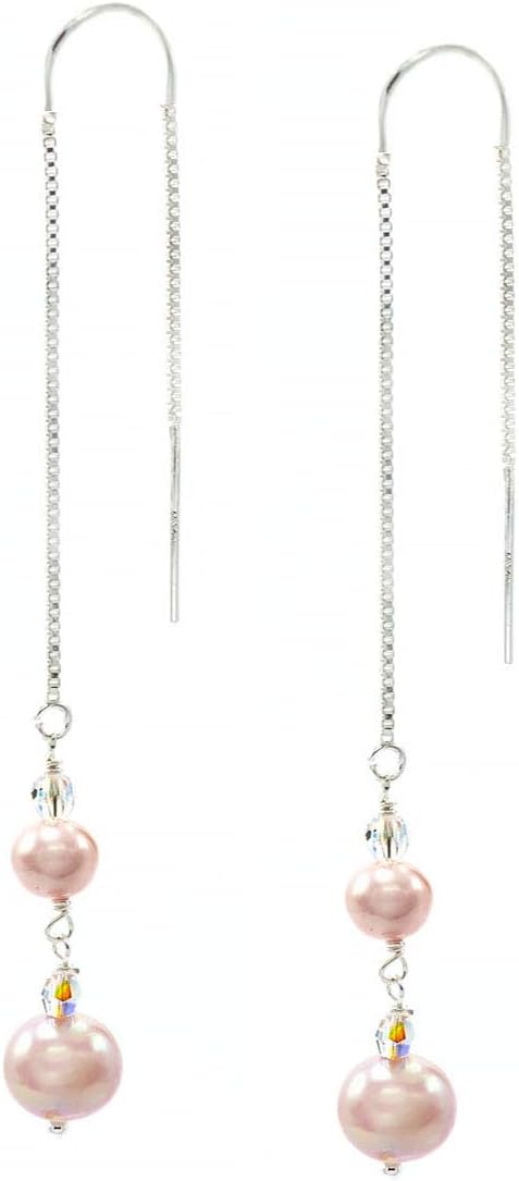 Sterling Silver Threader Earrings Made with Genuine Cultured Freshwater Pink Potato-shaped Pearl (5.5-6mm) Double Drops