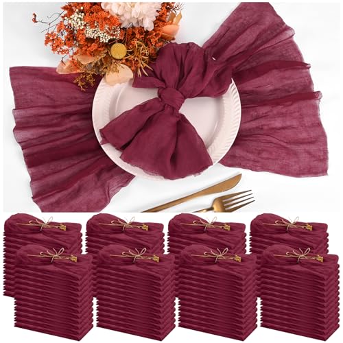 100 Pieces Cloth Napkins Burgundy Dinner Cheesecloth Napkins for Wedding,Wrinkled Cloth Napkins Bulk for Home Party Rustic Table Decoration, 17 x 17 Inch