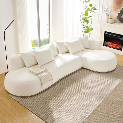 KEIKI 135" L-Shaped Oversized Boucle Sectional Sofa with Right Chaise, Modern 5-Seater Polyester Curved Couch with PU Leather Base & 6 Decorative Pillows, No Assembly Required, for Living Room, Beige