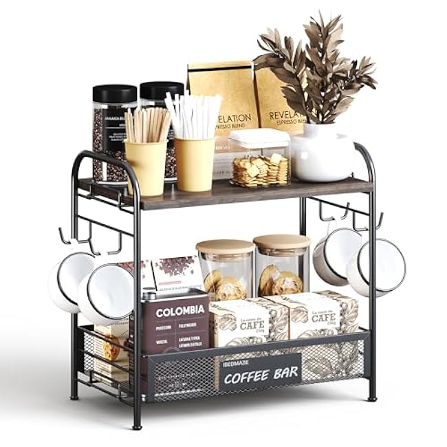 Coffee Bar Organizer for Countertop Station, Simple Assembly 2 Tier Shelf for Home,Office, Coffee Cup Holder Storage Organization for Counter Accessory Storage Rack with 4 Hooks Space-Saving