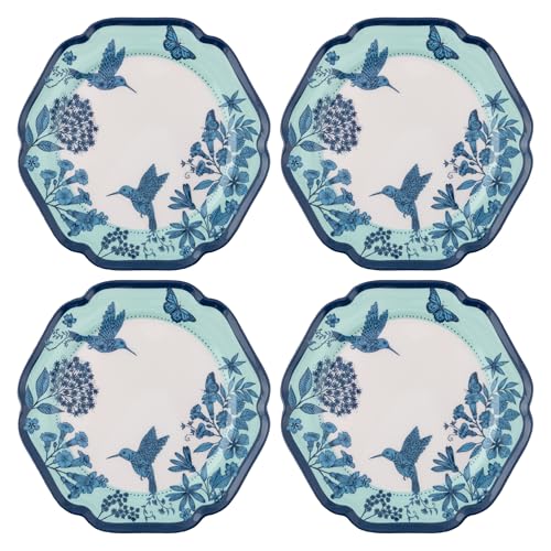 Image of Karma, 8.75 inches Melamine Salad Plates Set of 4, Reusable Dishwasher Safe Plates for Outdoor and Indoor, Hummingbirds