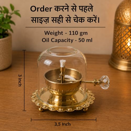 Image of DECOREHUB Primum qulity Brass Decorative akhand Diya with Borocilicate Glass Cover and Extra Wicks ,Long Lasting Burn up to 12hr (Small 3x3.5 inch)