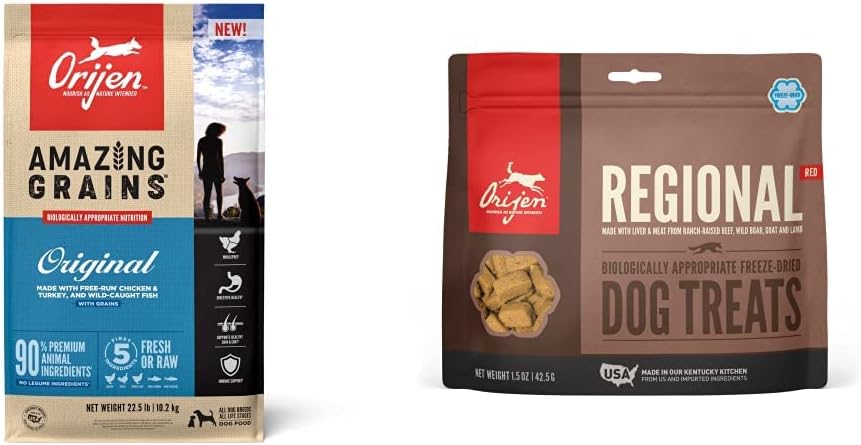 ORIJEN® Dry Dog Food, High Protein, Amazing Grains Original 22.5LB Freeze Dried Dog Treats, Regional Red, 1.5oz