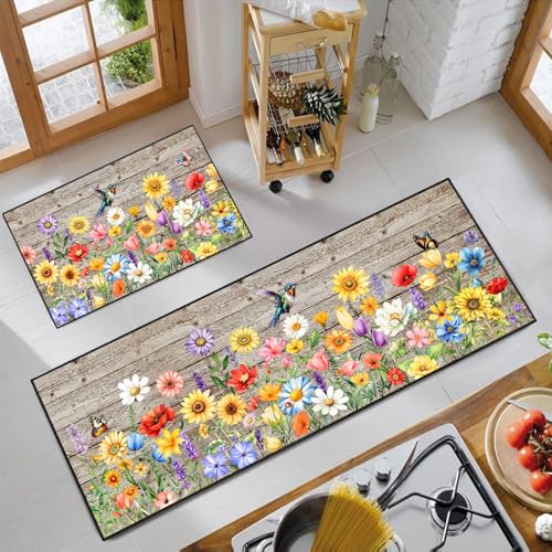 JWXCBIM Colorful Flowers Kitchen Rug 2 Piece Set, Spring Farmhouse