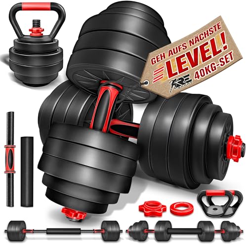 RE:SPORT 2 in 1 Hanteln Set mit Kettlebell 40kg | Hantelset verstellbar | Kurzhantel & Langhantel | Sternverschlüsse & Verbindungsrohr