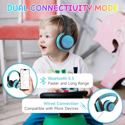 IFECCO Kids Wireless Headphones with Microphone,Children Boys Bluetooth Headphones with Case,LED Lights Dinosaur Kids Headphones for iPad/Children's Tablet/Smartphone/School - Image 3