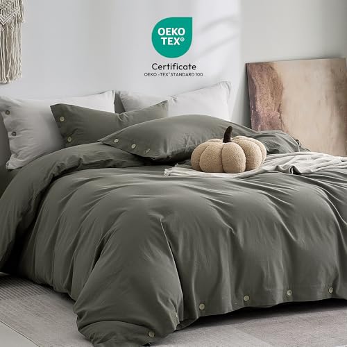 Image of JELLYMONI 100% Washed Cotton Duvet Cover King - Soft, Breathable Linen-Look Bedding with Natural Wrinkle Texture, Button Closure, 3-Piece Set (Dark Grey, 104 inchx90 inch)
