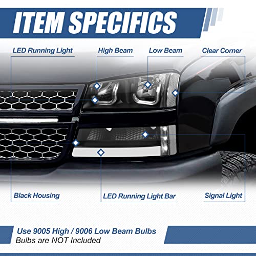 Auto Dynasty J-Halos Headlight+Led Drl Bar Signal Lamps Compatible With Chevy Avalanche Silverado 03-07, Left And Right Side, Black/Clear #TOP1