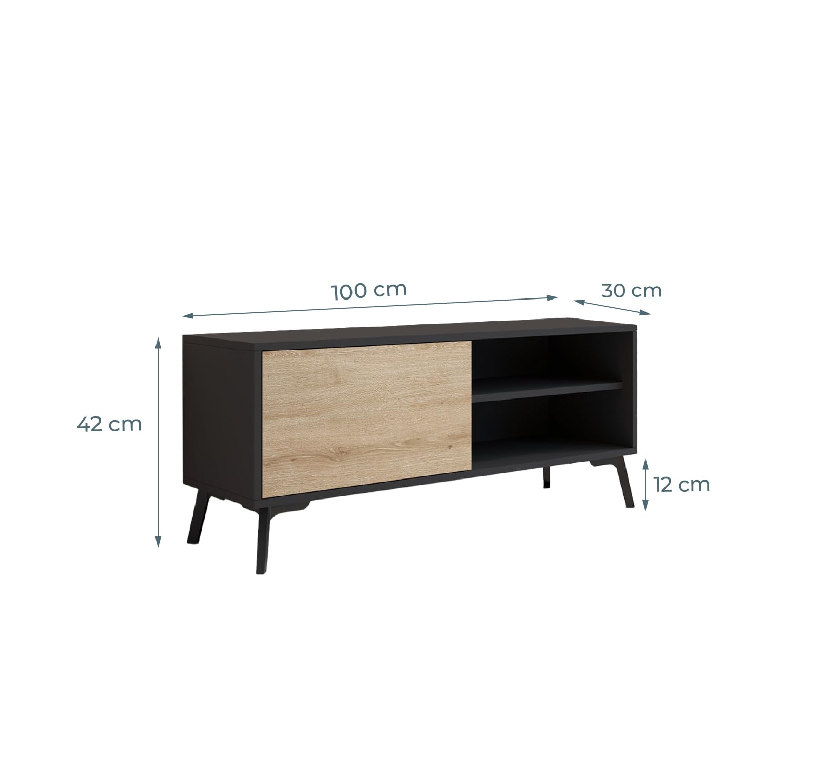 MB Muebles Bonitos | Meuble TV Bas Kai avec 1 Porte pour Salon Moderne | Meuble en Mélamine Mate | Couleur Noir et Sonoma | 100x42x30 cm