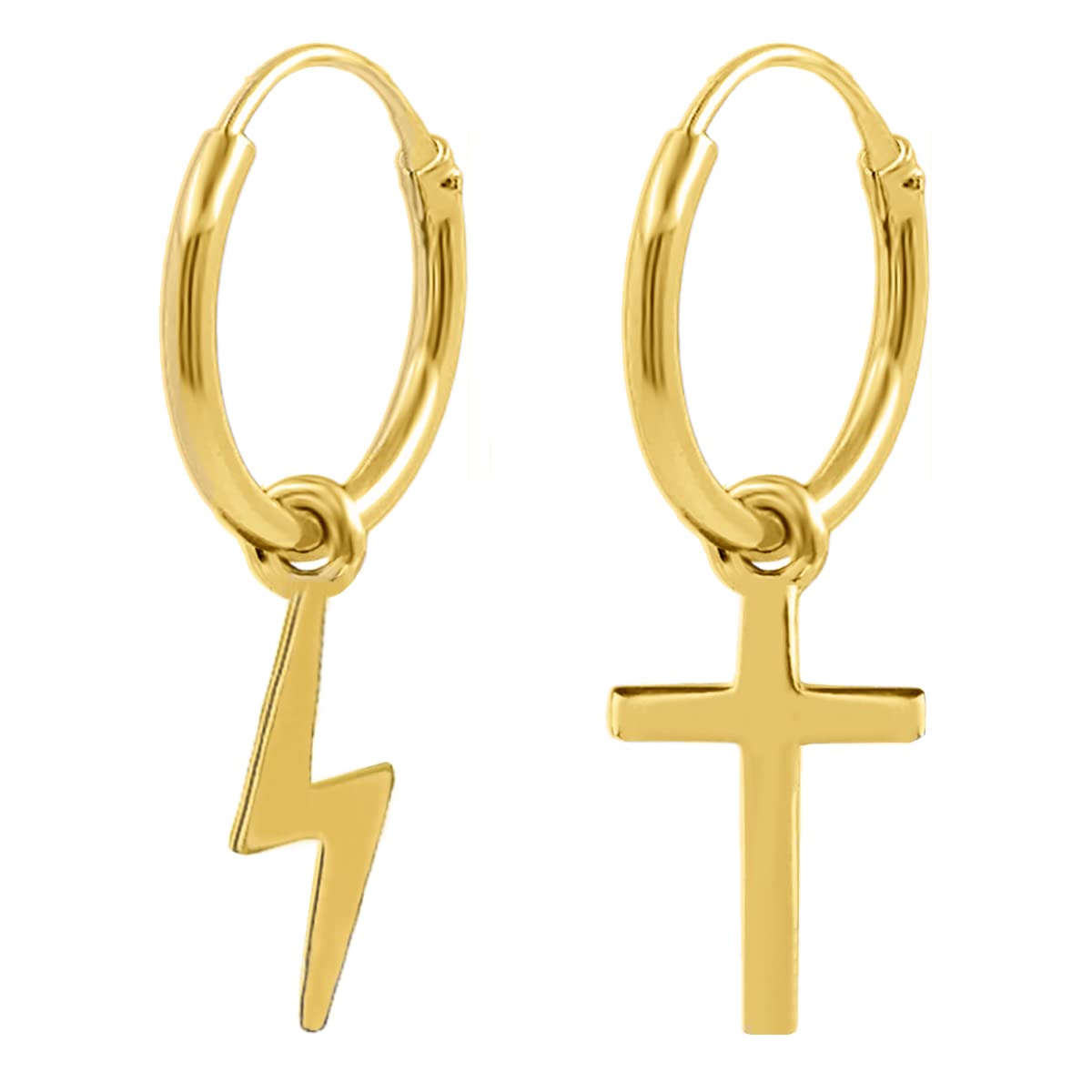 ENTREPLATA Pendientes de Aro Plata de Ley 925. Chapados Oro 24 K. Criollas Unisex. Dos Aretes con Un Colgante de Rayo y Uno de Cruz Dorados.