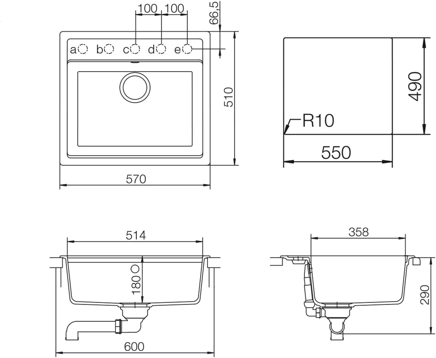 Technical drawing with dimensions for SCHOCK CRISTALITE NEMN100AGON sink