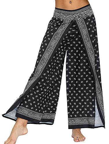 Ainuno Paisley Pants Womens Black Flowy Pants High Waisted Yoga Pants For Women With Slit Loose Casual Pant For Women Cute Sweatpants Dressy Summer Beach Pants Size 6 8 10 12 14 Thai Indian Print #TOP1