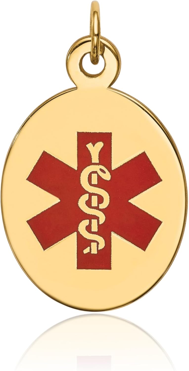 IceCarats 14K Solid Yellow Gold Oval Large Medical Alert Medal Pendant Necklace 26mm 1 inch Polished, Engravable For Her For Him
