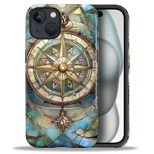 ZHEGAILIAN Case for iPhone 15,Shockproof Hard Shell + Soft Silicone 2 in 1 Hybrid,Shockproof Bumper Drop Protective - Vintage Compass Stained Glass by ZHEGAILIAN - Used condition - US$14.84