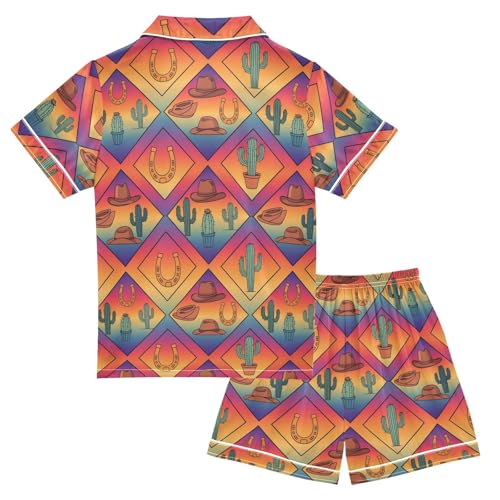 Satin Pajama Sets Short Sleeve Southwestern Themed Pattern Design Button Down Silky Nightwear 2 Piece PJS 5-14Y2