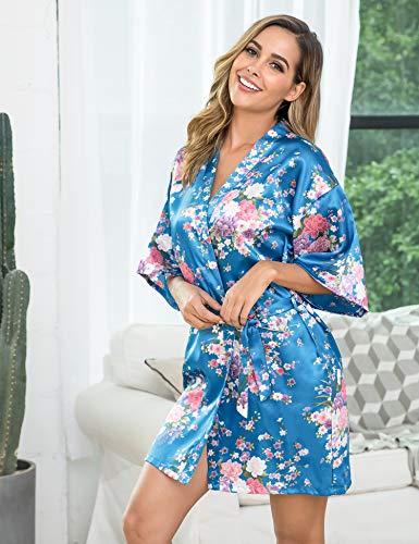Aibrou Women's Floral Satin Robe Short Silk Bridesmaid Bathrobe Dressing Gown Wedding Kimono Sleepwear Lake Blue - Thumbnail 4