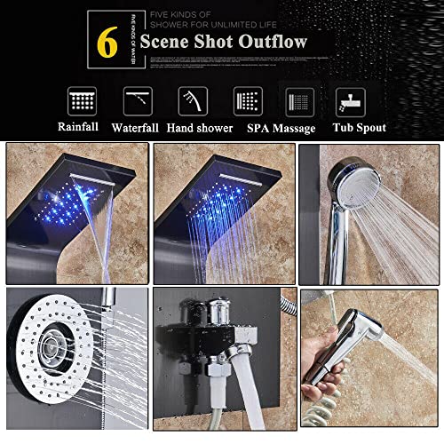 Sistema de columna de ducha de acero inoxidable, cabezal de ducha con LED de tipo lluvia y cascada, grifería de 5 funciones con jets negro miniatura 4