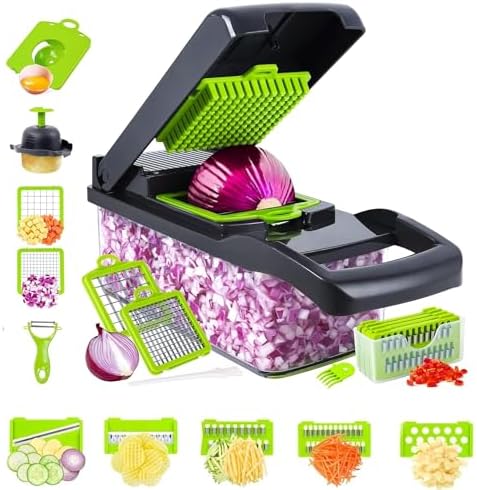 Big Kitchen Vegetable Chopper 16-in-1 Pro Onion & Food Slicer Dicer Veggie Cutter with 11 Blades & Container Kitchen Utensil Set for Cooking & Meal Prep Useful Gadget for New Homeowners