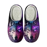 Showudesigns Galaxy Wolf Slippers Size 7-8 House Slippers for Men Gifts Memory Foam Slippers Winter Warm Home Shoes Indoor Outdoor Slip On Flats Purple Star Moon