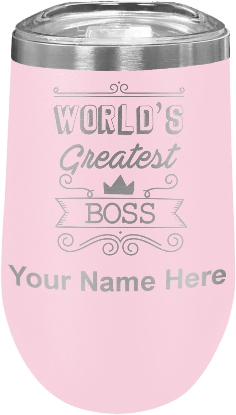 LaserGram 16oz Double Wall Stainless Steel Wine Glass Tumbler, World's Greatest Boss, Personalized Engraving Included (Teal)