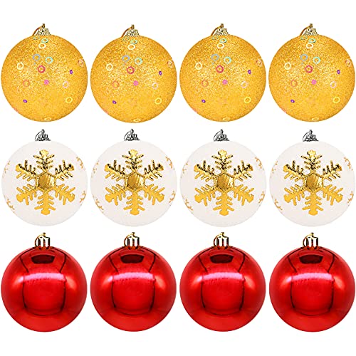 Palline di Natale Grandi, Palle di Natale 8cm Bianche Rosse Oro 12 Pcs Palline Albero Natale Da Appendere per Albero di Natale Vacanze Feste Decorazioni