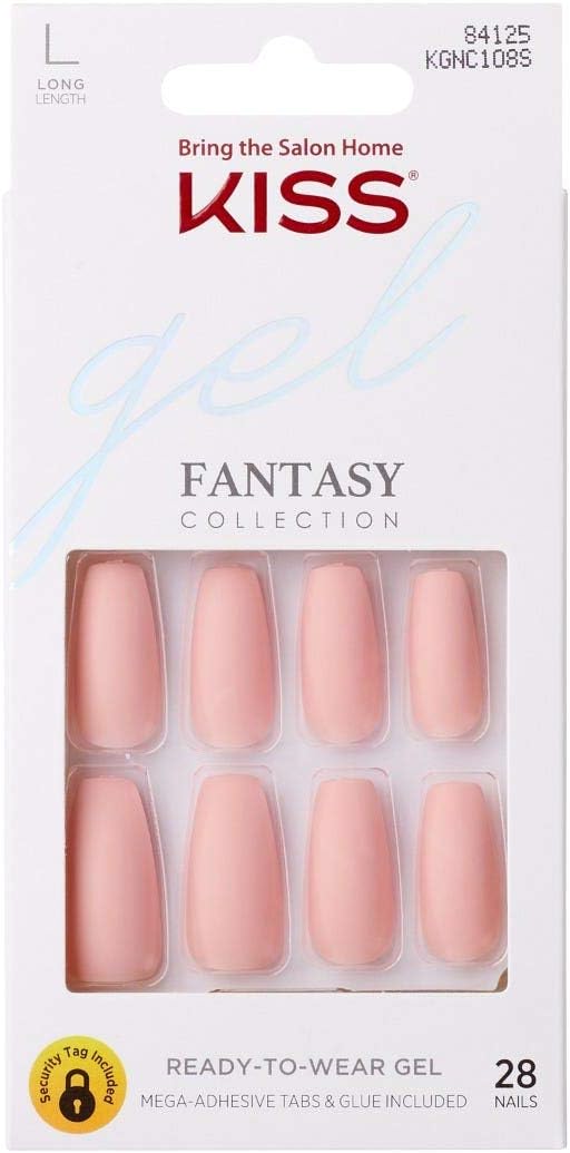 KISS Gel Fantasy Ready-to-Wear Press-On Gel Nails, “All About You”, Long, Pink, Matte Finish, Nail Kit with 24 Mega Adhesive Tabs, Pink Gel Glue, Manicure Stick, Mini File, and 28 Fake Nails