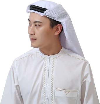 Men Arab Shemagh Kaffiyeh Headscarf Turban Cap Bandana Soft Muslim Hijab Headband Shawl Headwrap with Aqel RopeWhite