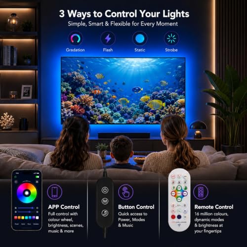 MORIACC LED Lights for TV, 16.4ft TV LED Backlight for 45-75 Inch TVs, Strip Lights with Music Sync, Bluetooth APP and Remote Control, USB Powered for Bedroom Gaming Home Decor by MORIACC - Used condition - Image 4