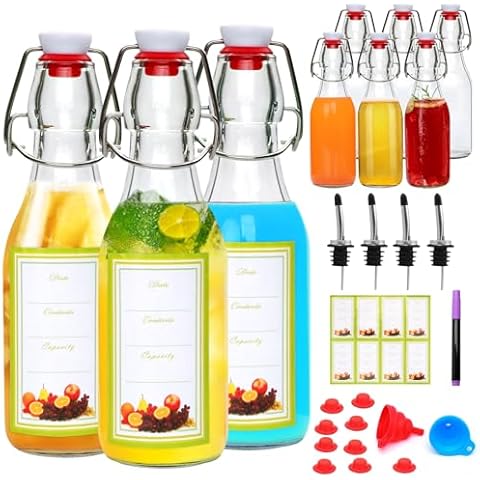 Cadamada 8.5 oz Shake Top Glass Bottles, Beer Brewing Bottles with Stoppers for Secondary Fermentation, Vanilla Extract, Juice, Kombucha, Honey, Vinegar, Wine, Includes Sealing Lid, Funnel, Pack of 9 Cover