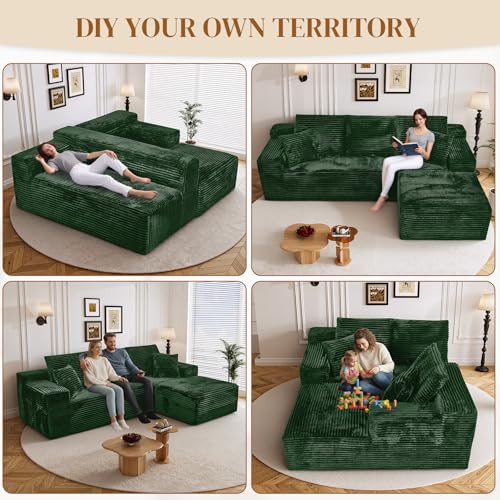 Image of 108 inch L Shaped Boneless Sectional Couches for Living Room, Comfy Corduroy Floor Cloud Sofa with Chaise, Wide Armrest, Deep Seat, Memory Foam, Assembly Free, Ideal for Small Spaces, Green